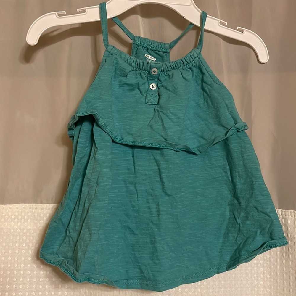 Old Navy little girls racer back tank. Teal color with ruffles and button detail